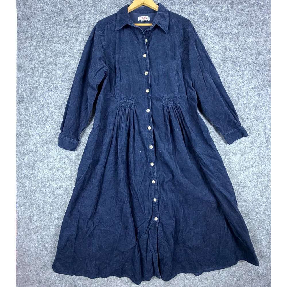 Fads Corduroy Dress Womens 16W Blue Vintage 90s Modest Button Front Fit & Flare